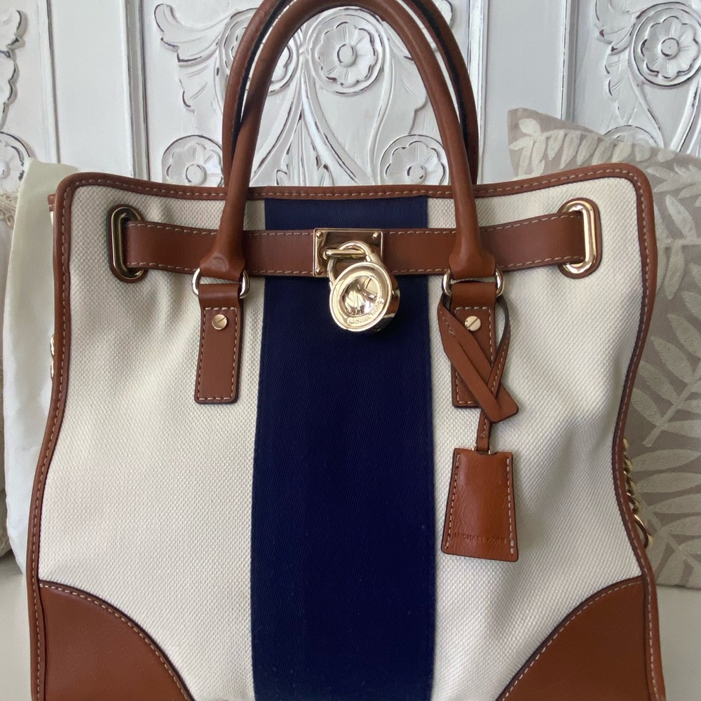 Canvas Tote with Navy Stripe and Brown Leather Trim